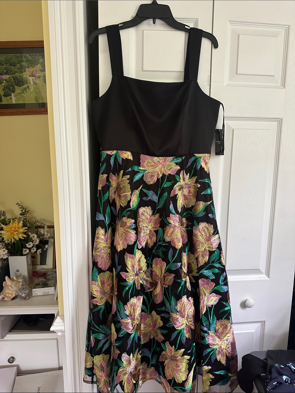 Tahari Black Midi Dress with Pink & Green Metallic Floral Skirt